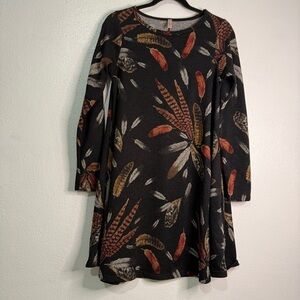 Jardin by Macris Feather Print Black Dress w/Pockets. Sz S.